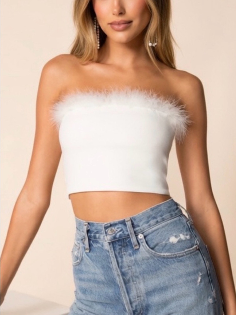Superdown White Feather Trim Tube Top